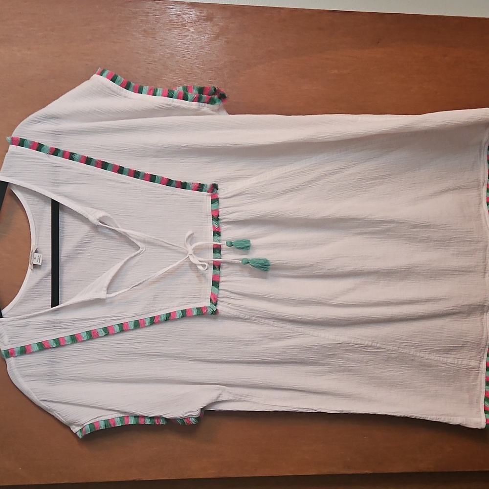 J. Crew White Tunic with Green and Pink Trim Swim Suit Cover Up Sz Small